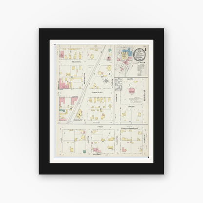 Old map wall art mockup — black gallery frame with white mat — Sanborn Fire Insurance Map from Marshall, Clark County, Illinois (1892), Sheet #0001