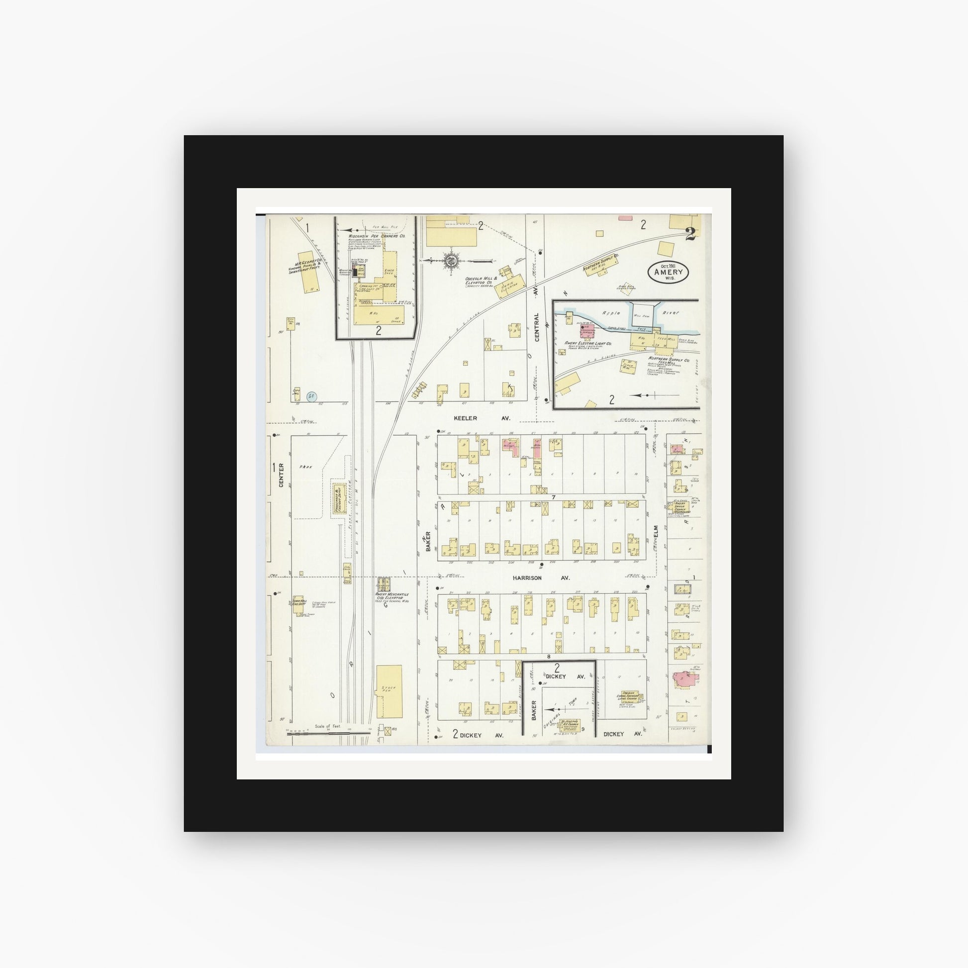 Old map wall art mockup — black gallery frame with white mat — Sanborn Fire Insurance Map from Amery, Polk County, Wisconsin (1911), Sheet #0002