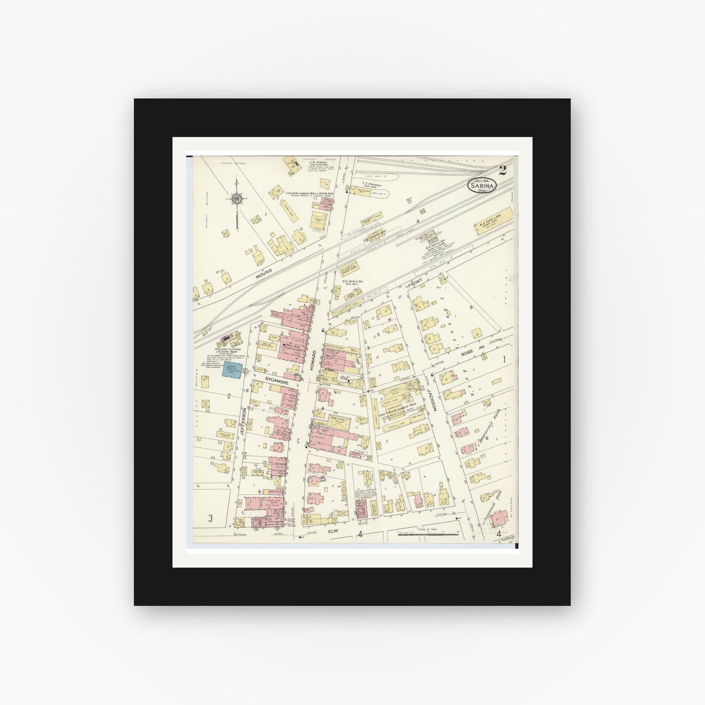Old map wall art mockup — black gallery frame with white mat — Sanborn Fire Insurance Map from Sabina, Clinton County, Ohio (1914), Sheet #0002