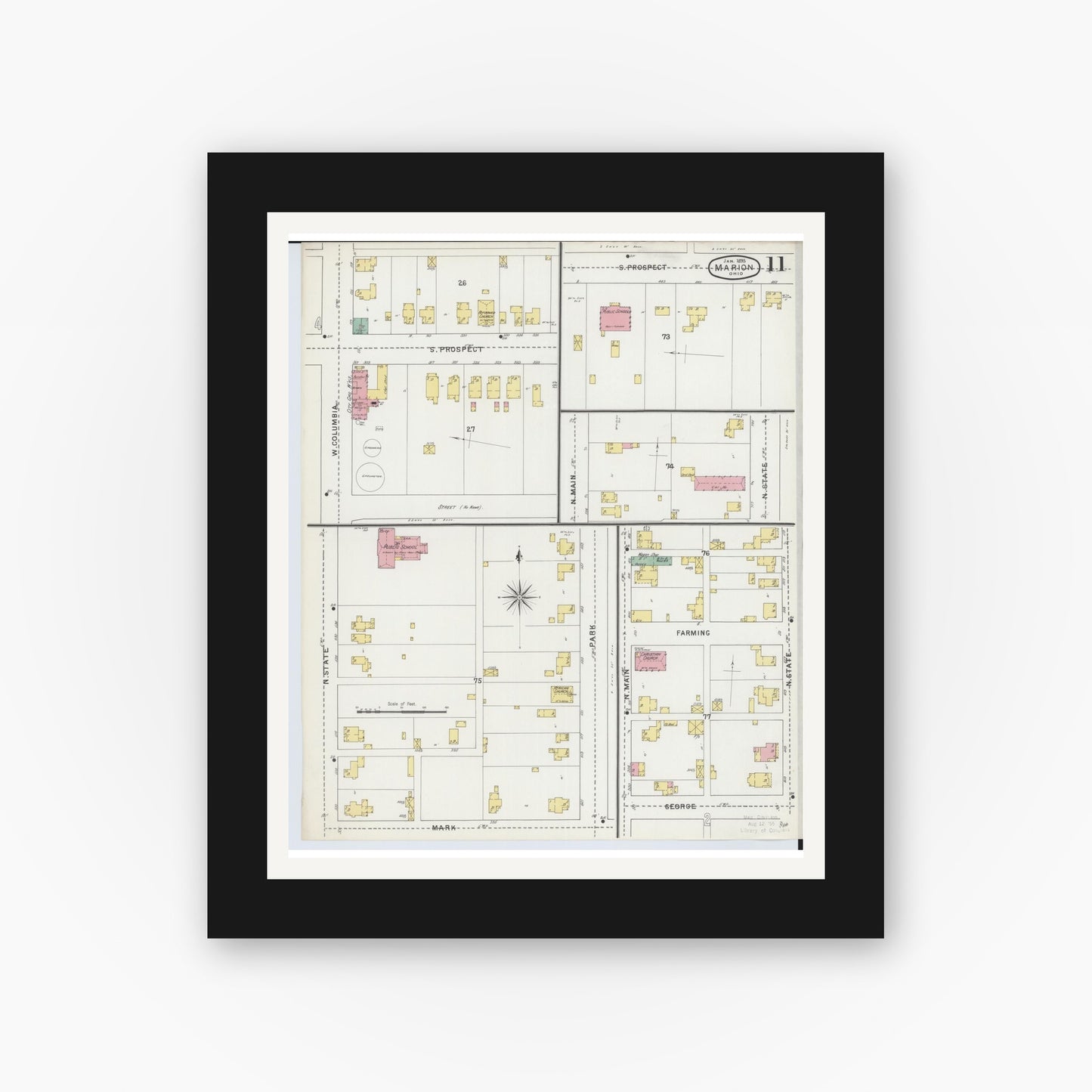 Old map wall art mockup — black gallery frame with white mat — Sanborn Fire Insurance Map from Marion, Marion County, Ohio (1895), Sheet #0011