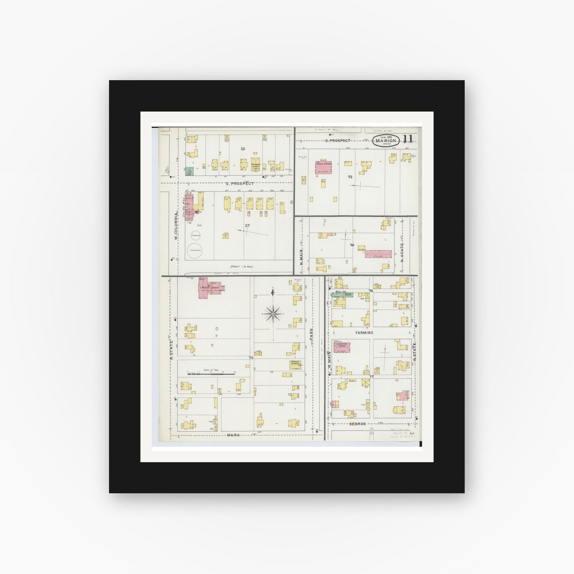 Old map wall art mockup — black gallery frame with white mat — Sanborn Fire Insurance Map from Marion, Marion County, Ohio (1895), Sheet #0011