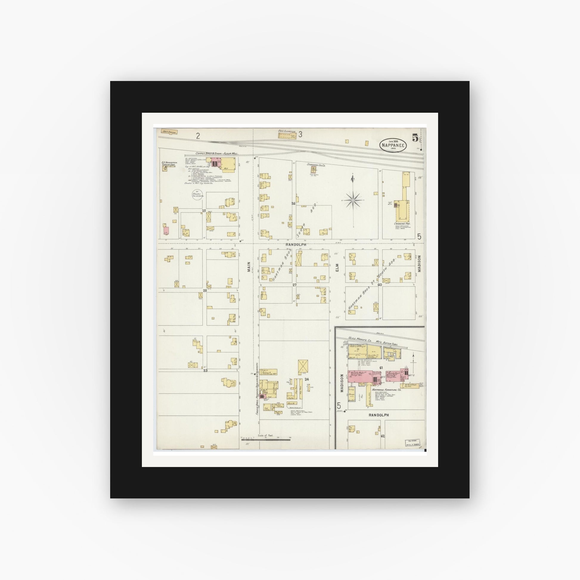 Old map wall art mockup — black gallery frame with white mat — Sanborn Fire Insurance Map from Nappanee, Elkhart County, Indiana (1898), Sheet #0005