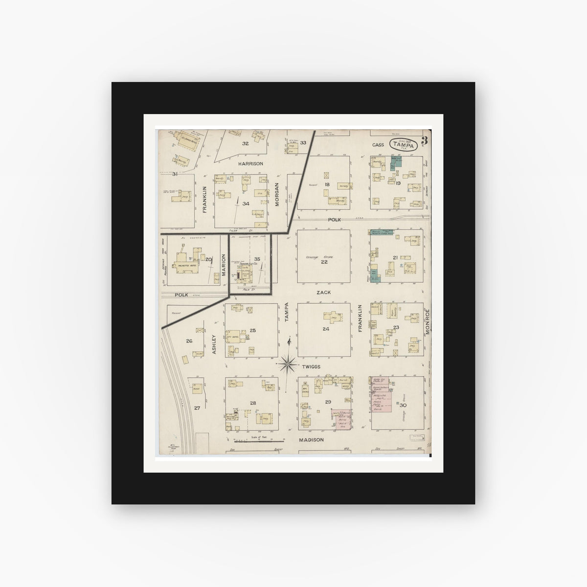 Old map wall art mockup — black gallery frame with white mat — Sanborn Fire Insurance Map from Tampa, Hillsborough County, Florida (1887), Sheet #0003