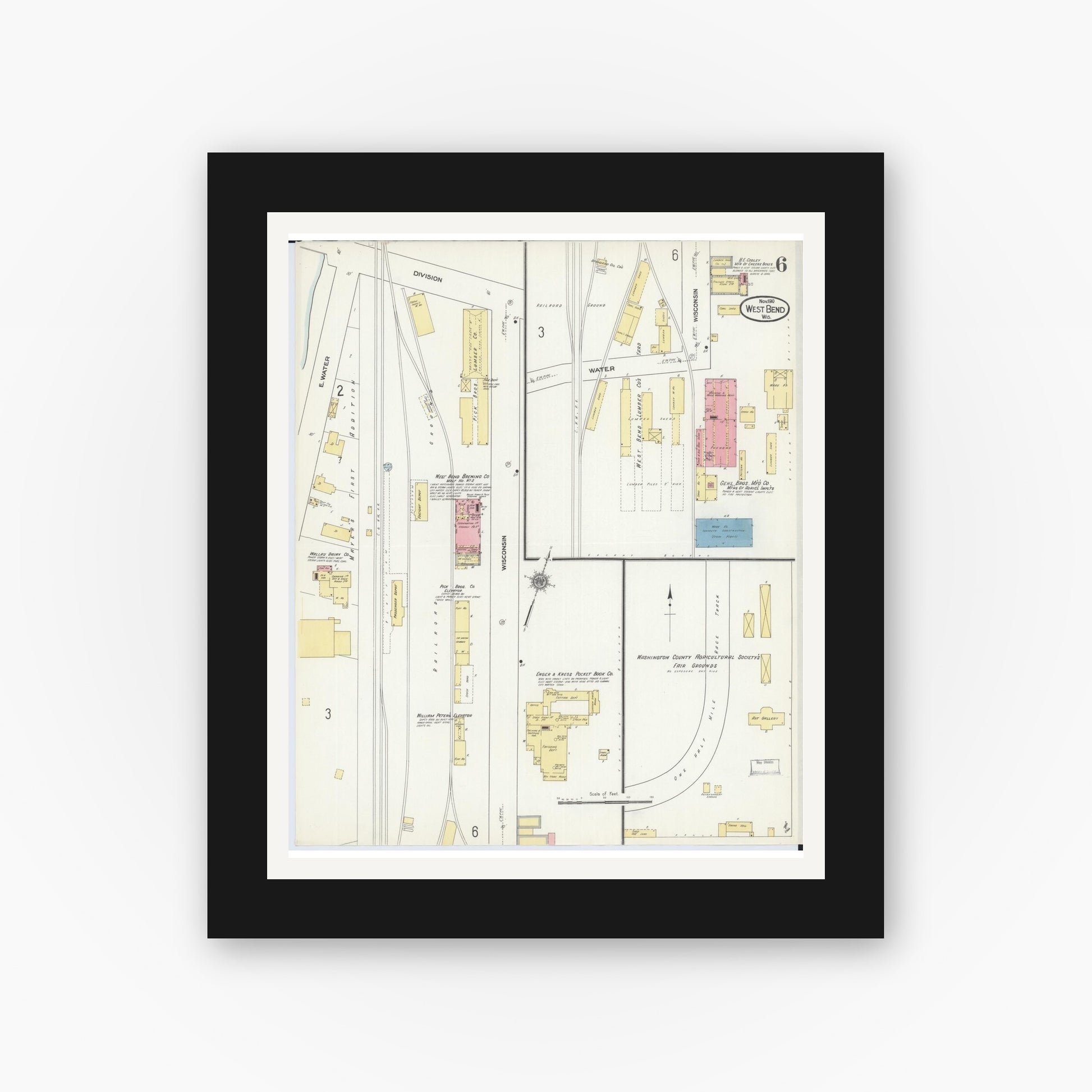 Old map wall art mockup — black gallery frame with white mat — Sanborn Fire Insurance Map from West Bend, Washington County, Wisconsin (1910), Sheet #0006