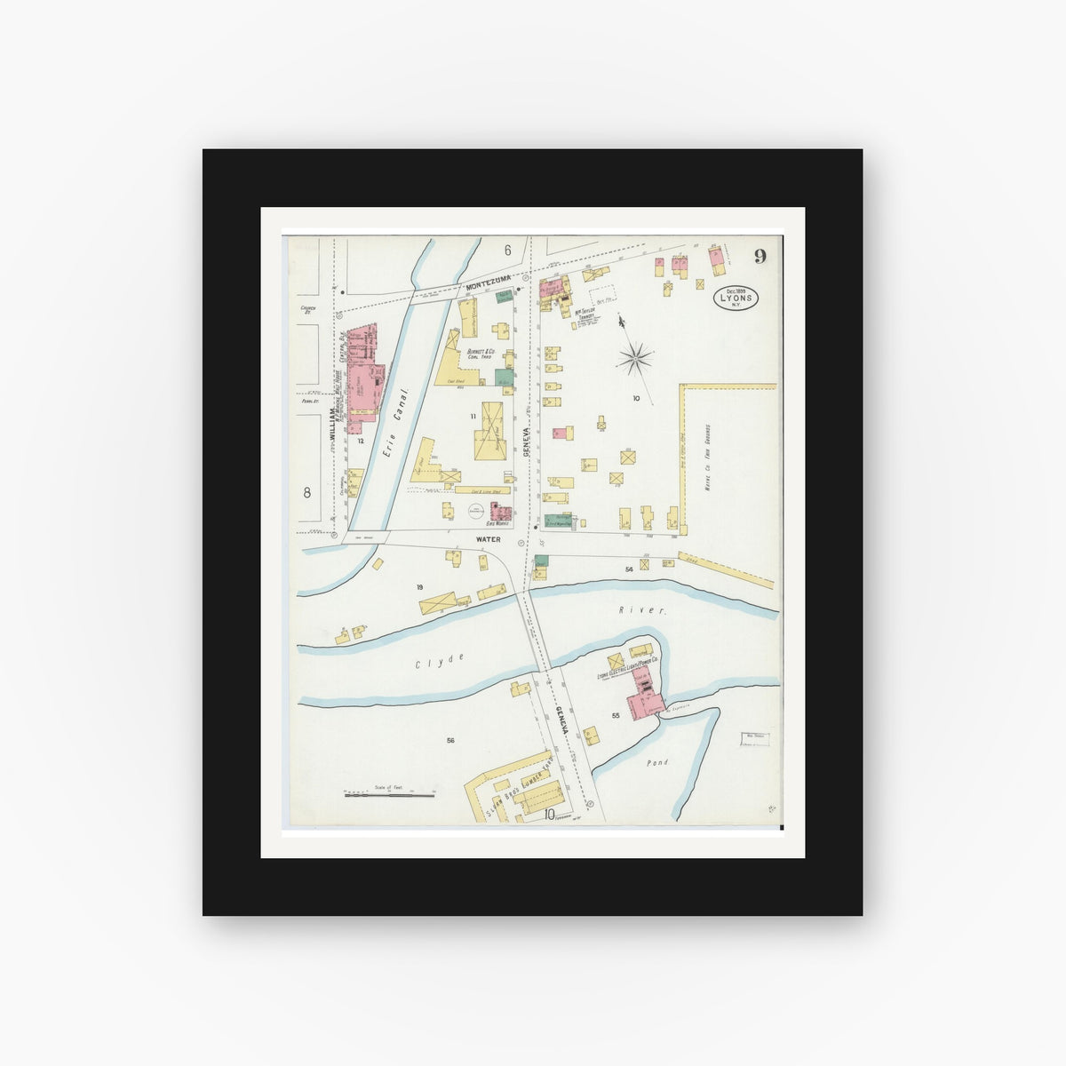 Old map wall art mockup — black gallery frame with white mat — Sanborn Fire Insurance Map from Lyons, Wayne County, New York (1899), Sheet #0009