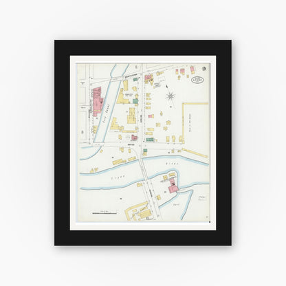 Old map wall art mockup — black gallery frame with white mat — Sanborn Fire Insurance Map from Lyons, Wayne County, New York (1899), Sheet #0009