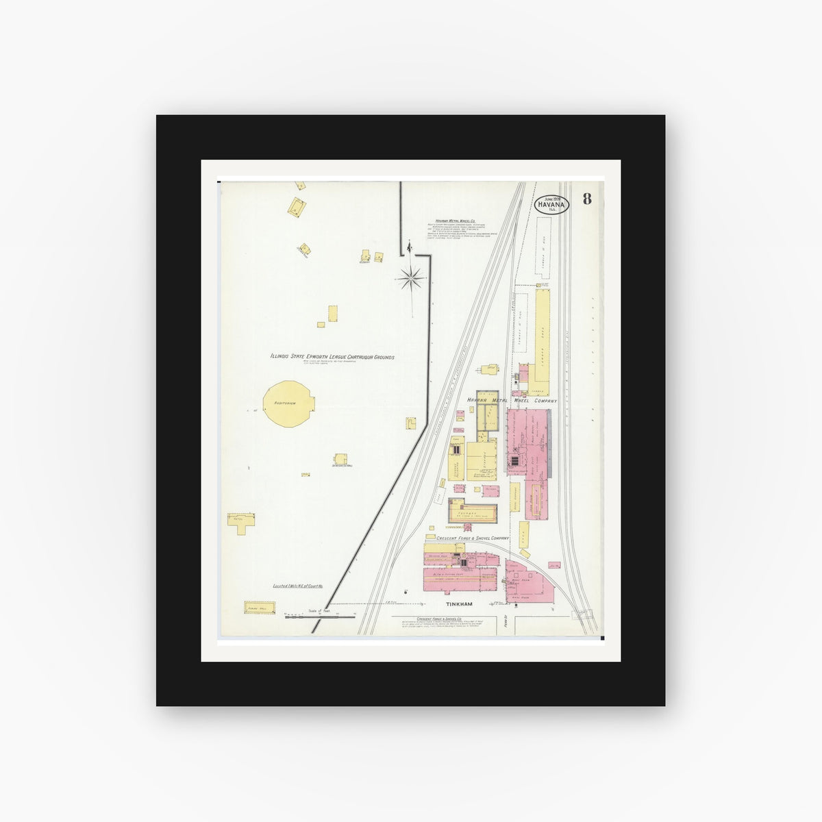 Old map wall art mockup — black gallery frame with white mat — Sanborn Fire Insurance Map from Havana, Mason County, Illinois (1909), Sheet #0008