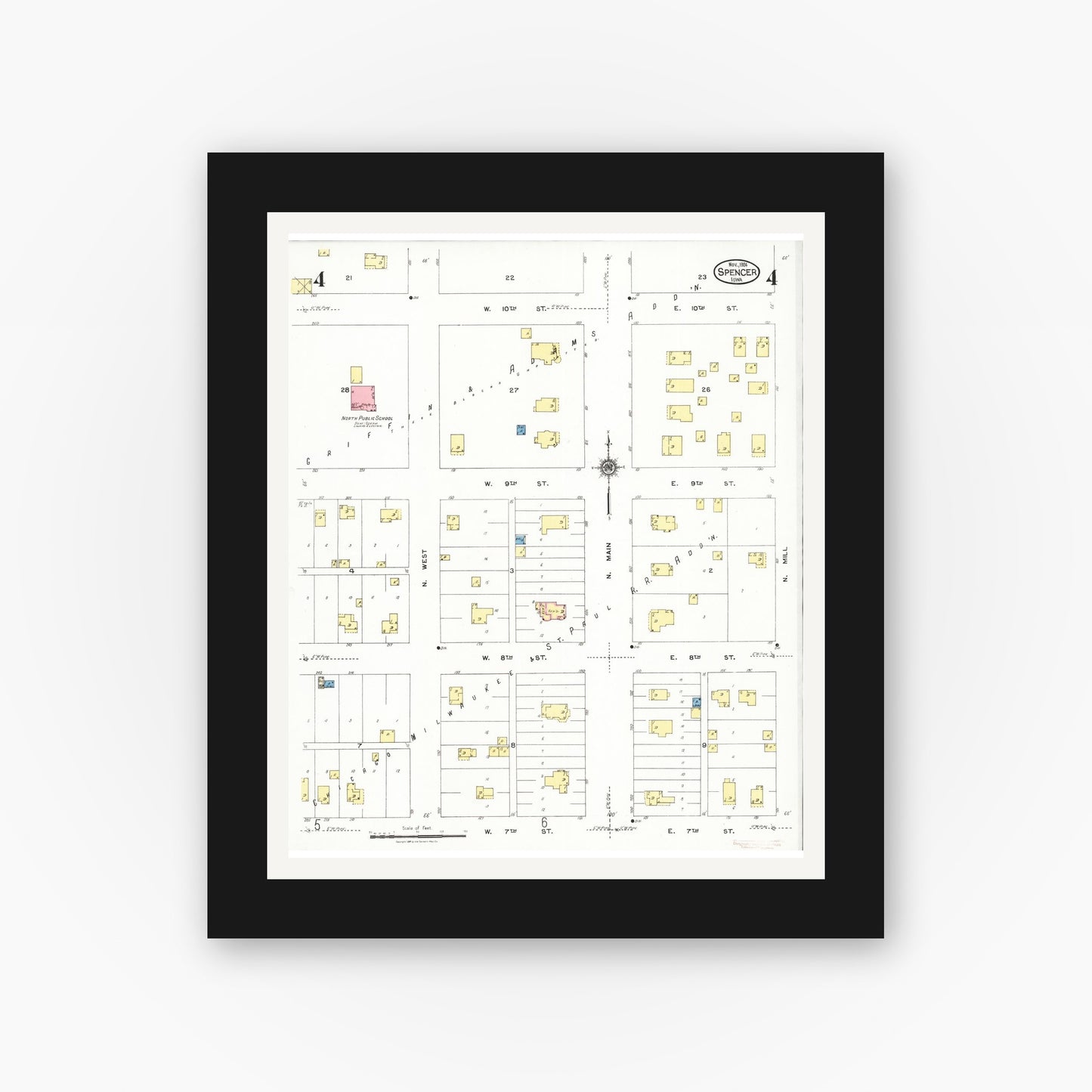 Old map wall art mockup — black gallery frame with white mat — Sanborn Fire Insurance Map from Spencer, Clay County, Iowa (1924), Sheet #0004