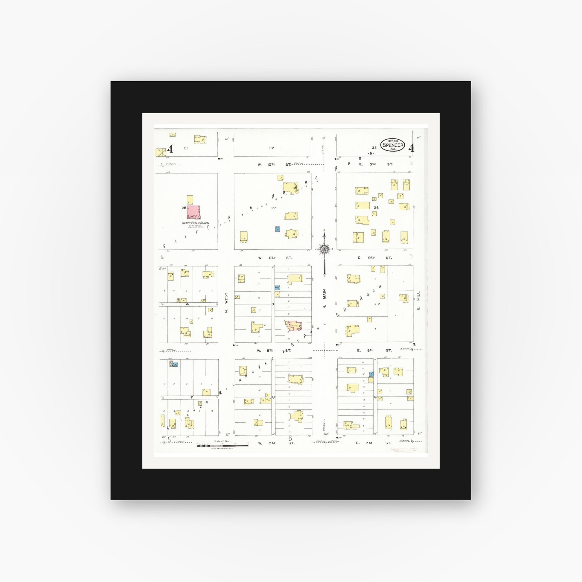 Old map wall art mockup — black gallery frame with white mat — Sanborn Fire Insurance Map from Spencer, Clay County, Iowa (1924), Sheet #0004