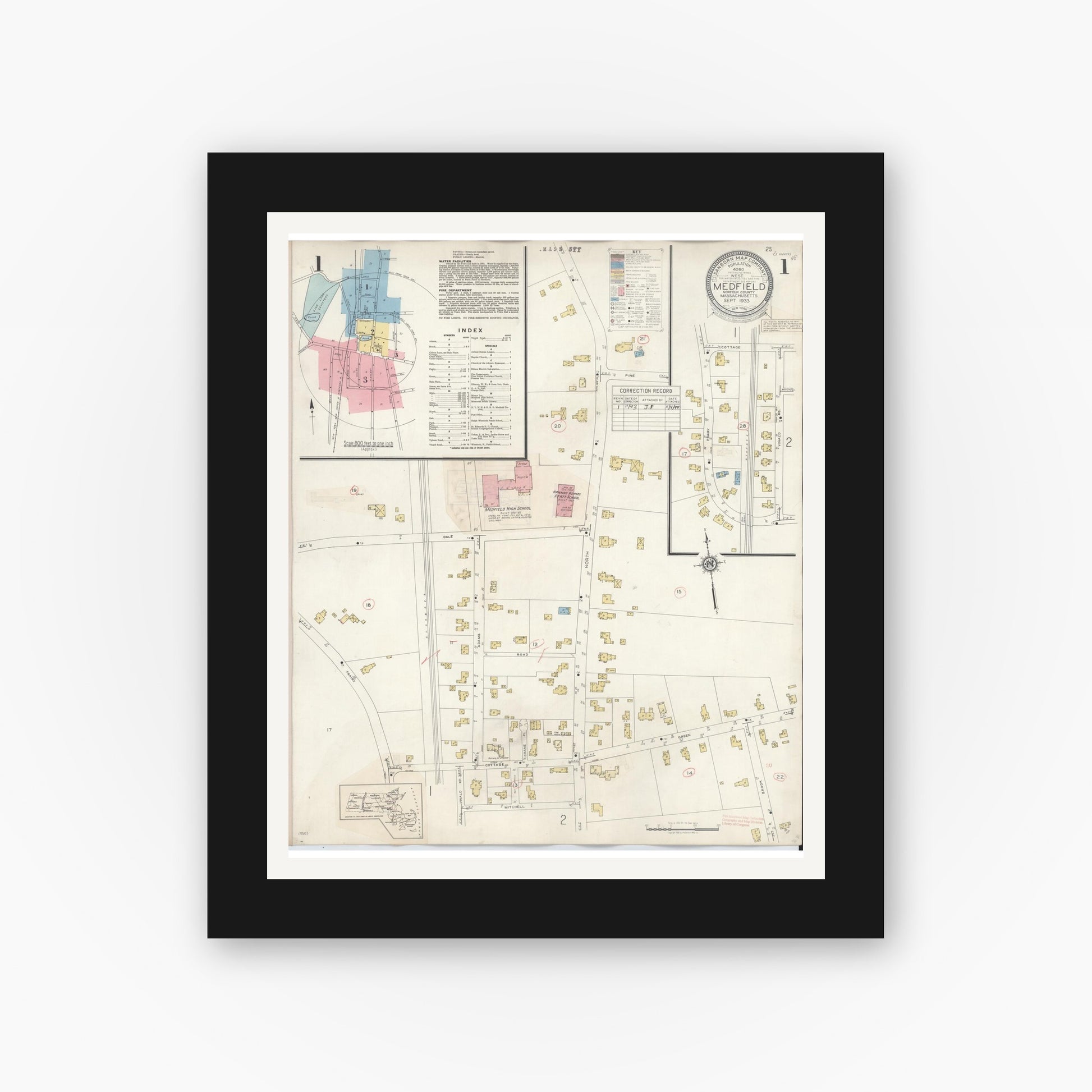 Old map wall art mockup — black gallery frame with white mat — Sanborn Fire Insurance Map from Medfield, Norfolk County, Massachusetts (1943), Sheet #0001
