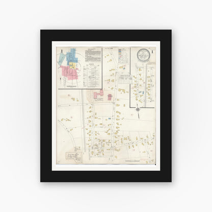 Old map wall art mockup — black gallery frame with white mat — Sanborn Fire Insurance Map from Medfield, Norfolk County, Massachusetts (1943), Sheet #0001