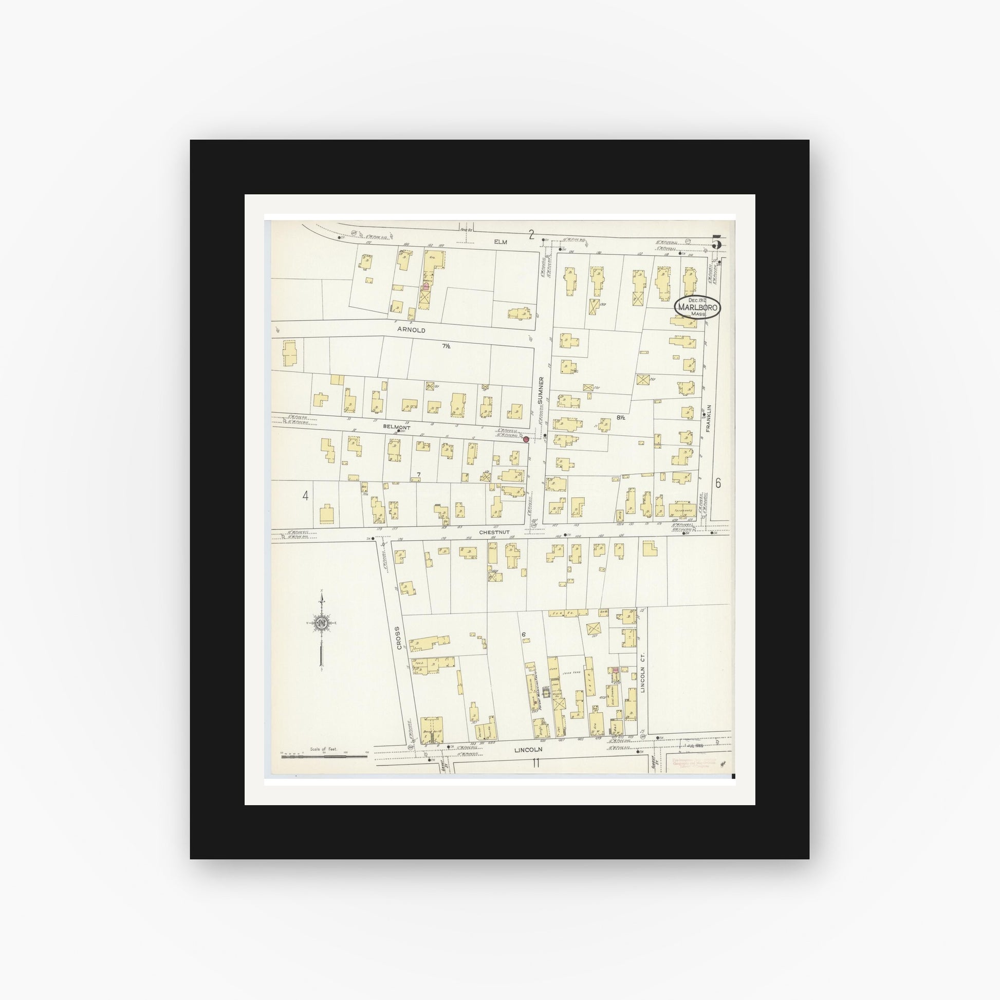 Old map wall art mockup — black gallery frame with white mat — Sanborn Fire Insurance Map from Marlborough, Middlesex County, Massachusetts (1912), Sheet #0005