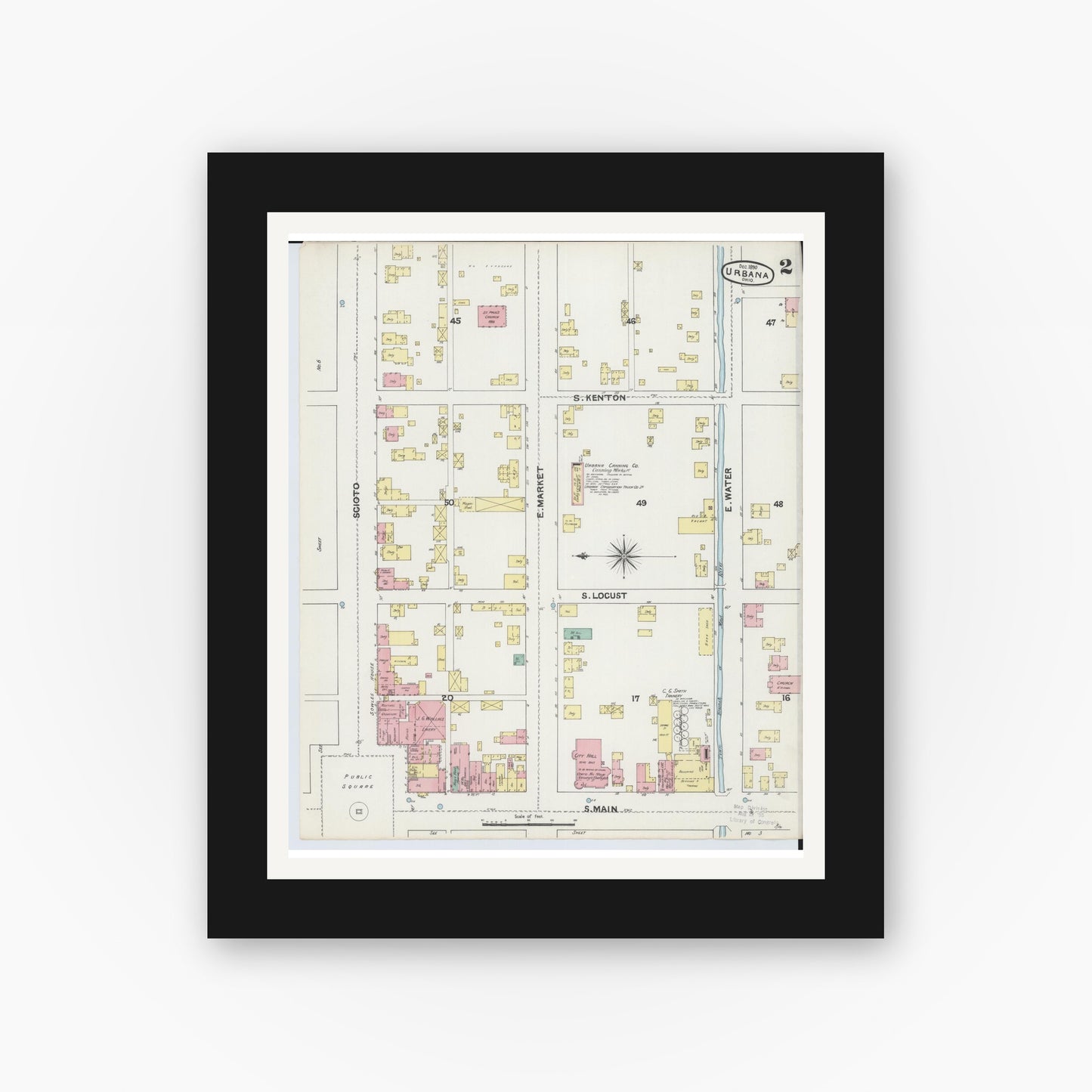 Old map wall art mockup — black gallery frame with white mat — Sanborn Fire Insurance Map from Urbana, Champaign County, Ohio (1890), Sheet #0002