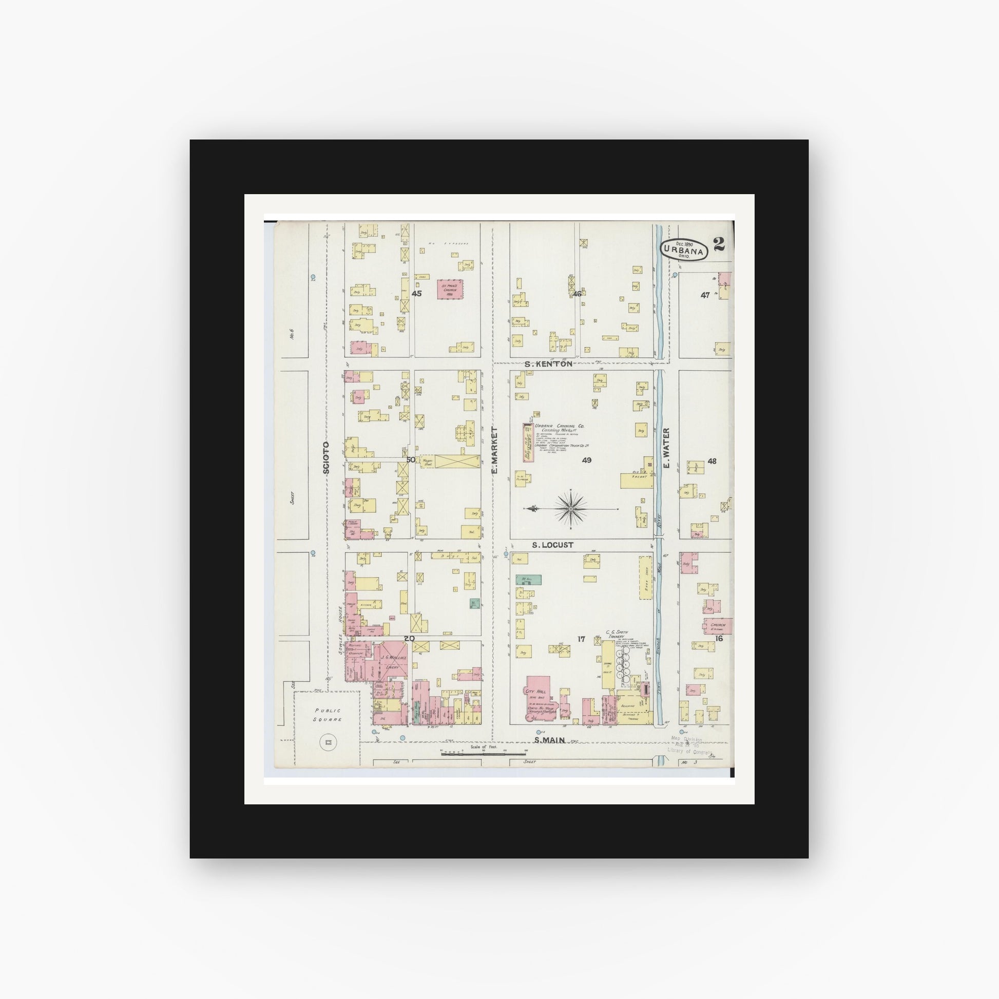 Old map wall art mockup — black gallery frame with white mat — Sanborn Fire Insurance Map from Urbana, Champaign County, Ohio (1890), Sheet #0002