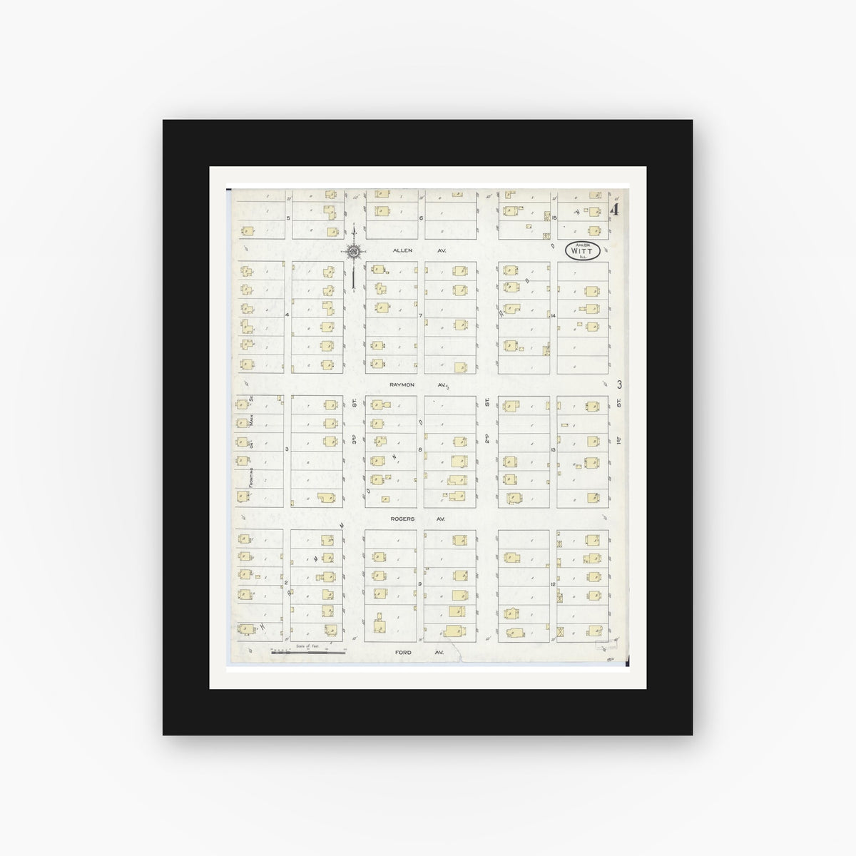 Old map wall art mockup — black gallery frame with white mat — Sanborn Fire Insurance Map from Witt, Montgomery County, Illinois (1914), Sheet #0004