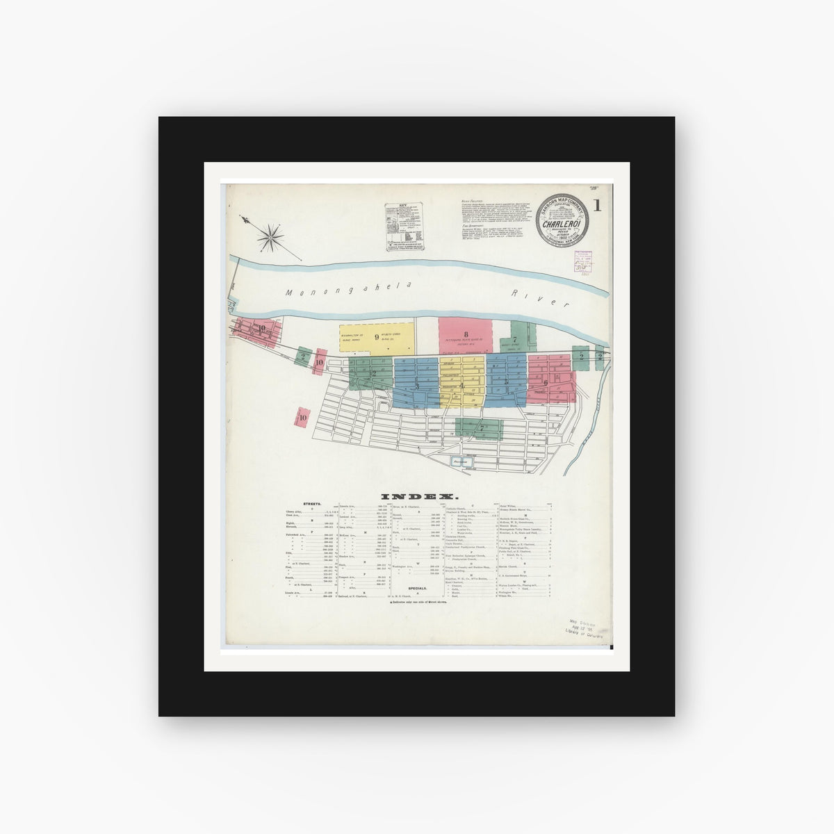 Old map wall art mockup — black gallery frame with white mat — Sanborn Fire Insurance Map from Charleroi, Washington County, Pennsylvania (1902) - Complete Map Set