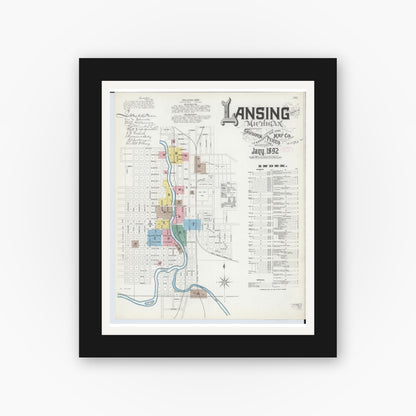 Old map wall art mockup — black gallery frame with white mat — Sanborn Fire Insurance Map from Lansing, Ingham County, Michigan (1892) - Complete Map Set