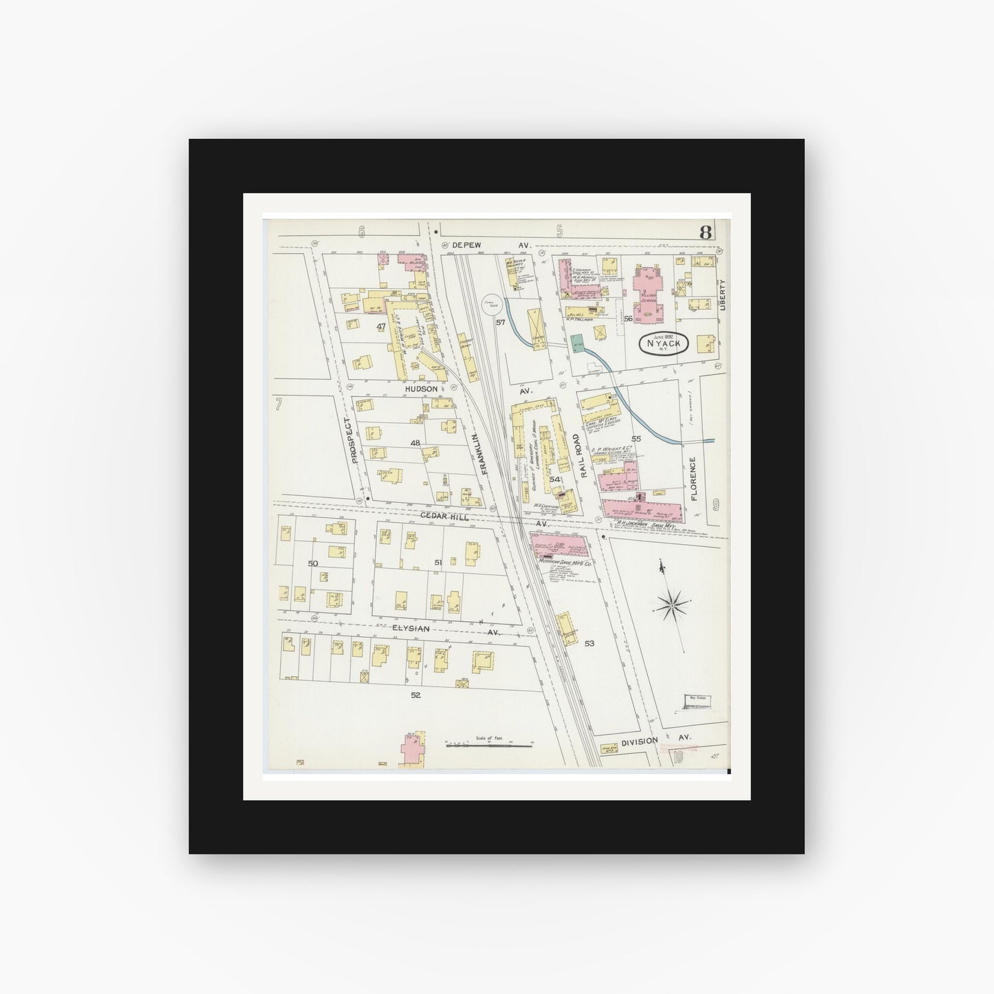 Old map wall art mockup — black gallery frame with white mat — Sanborn Fire Insurance Map from Nyack, Rockland County, New York. (1892), Sheet #0008