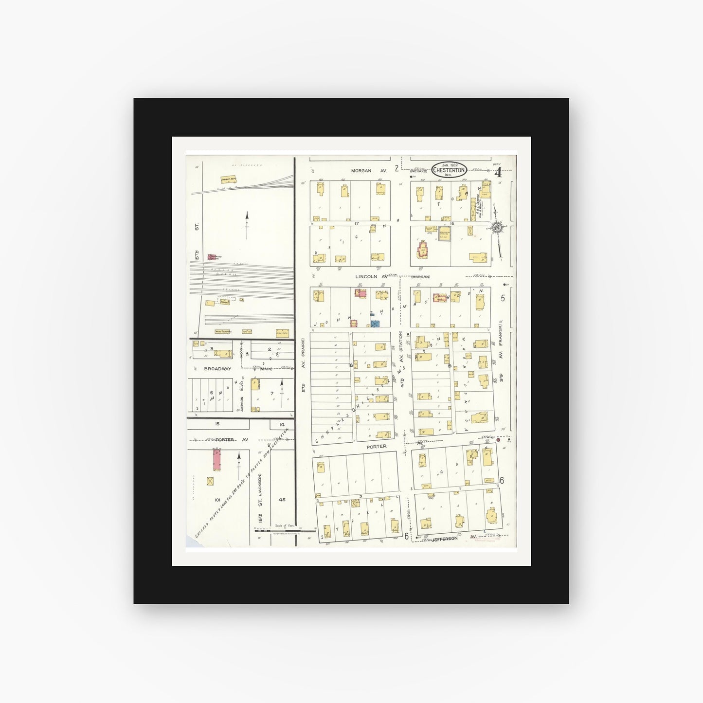Old map wall art mockup — black gallery frame with white mat — Sanborn Fire Insurance Map from Chesterton, Porter County, Indiana (1922), Sheet #0004