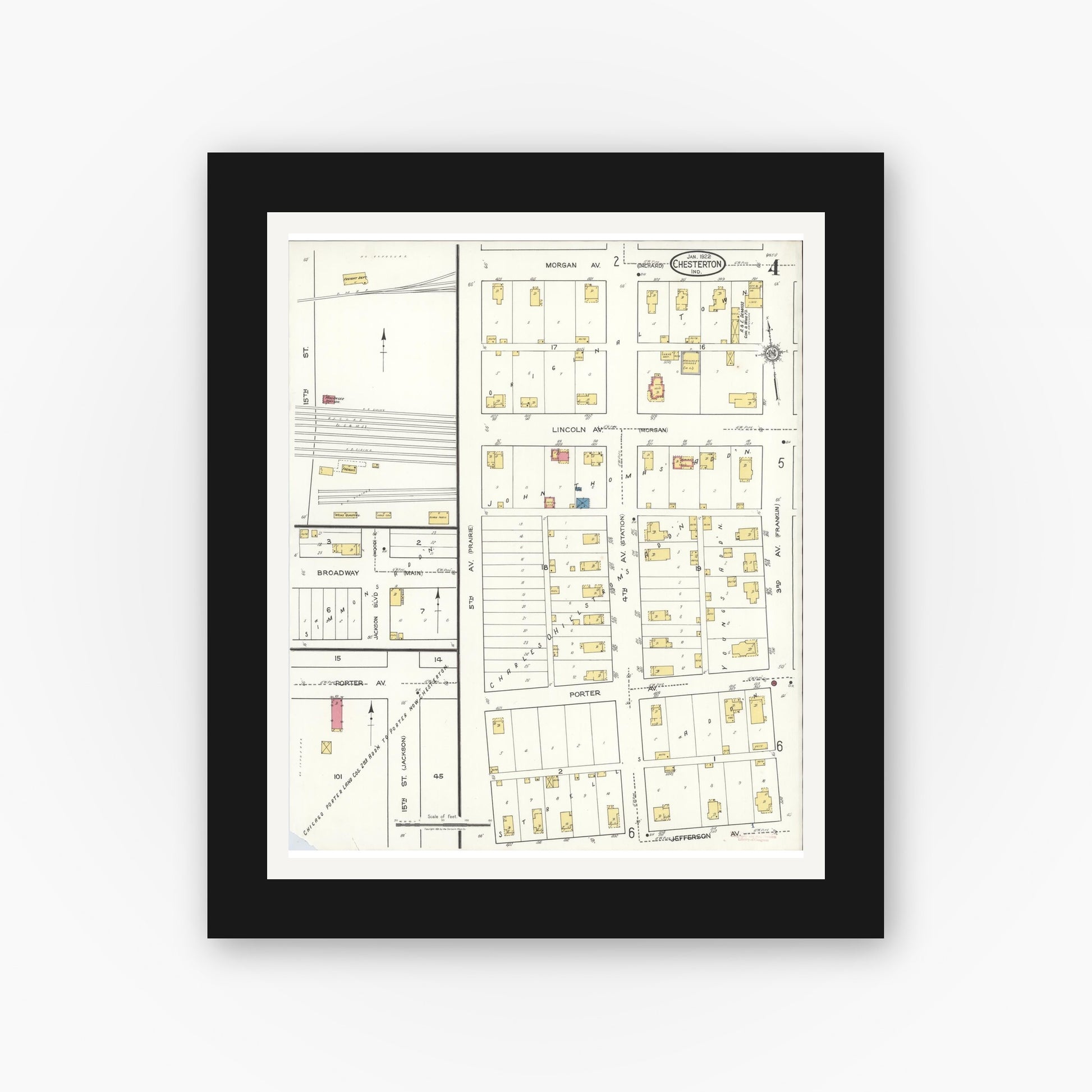 Old map wall art mockup — black gallery frame with white mat — Sanborn Fire Insurance Map from Chesterton, Porter County, Indiana (1922), Sheet #0004