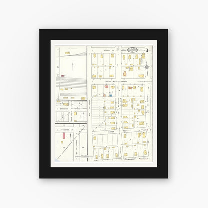 Old map wall art mockup — black gallery frame with white mat — Sanborn Fire Insurance Map from Chesterton, Porter County, Indiana (1922), Sheet #0004