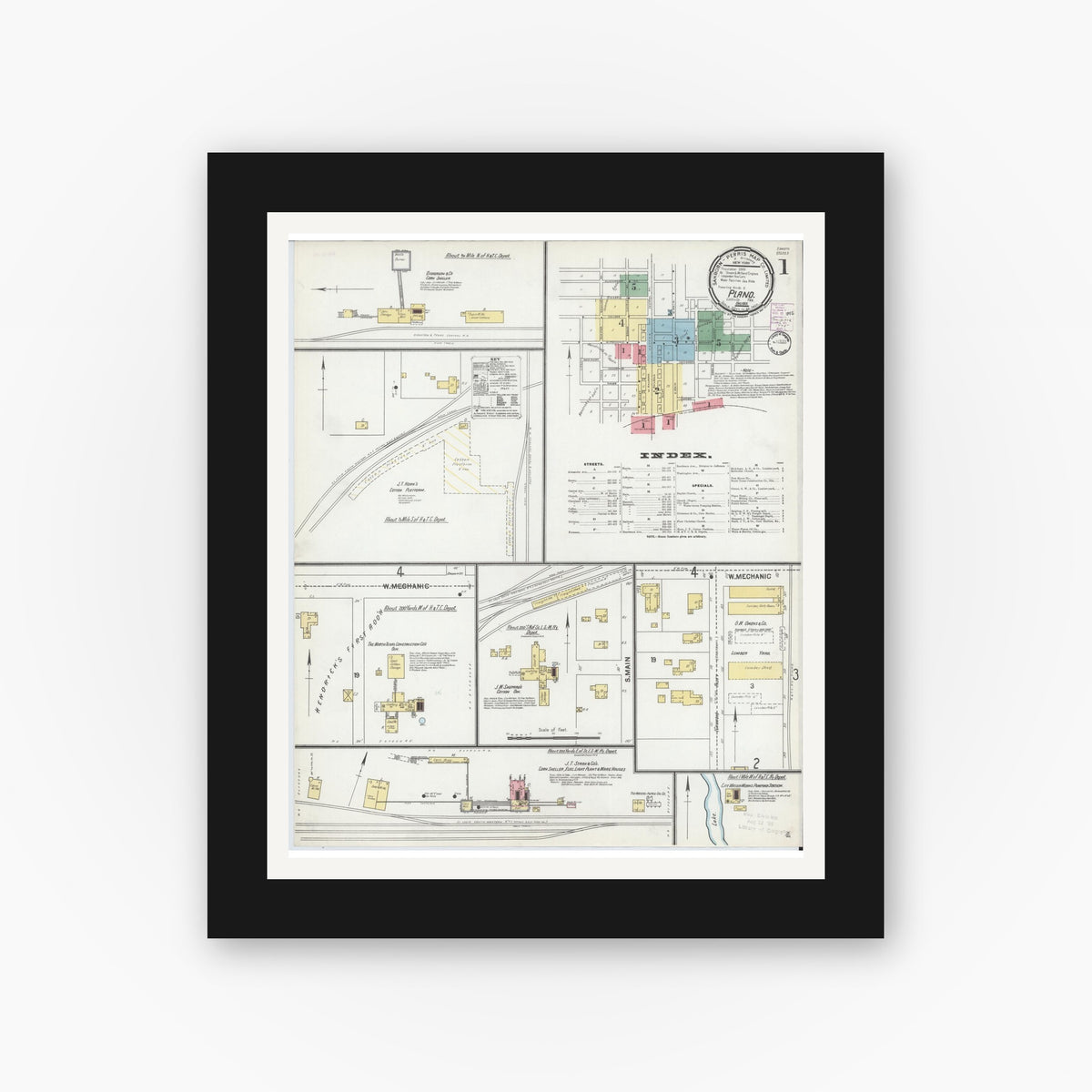 Old map wall art mockup — black gallery frame with white mat — Sanborn Fire Insurance Map from Plano, Collin County, Texas (1901) - Complete Map Set