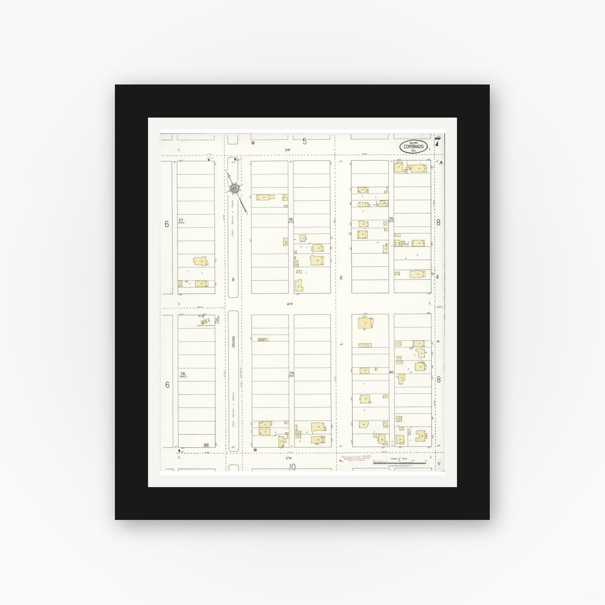 Old map wall art mockup — black gallery frame with white mat — Sanborn Fire Insurance Map from Coronado, San Diego County, California (1921), Sheet #0007