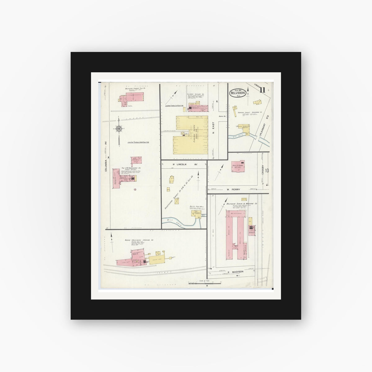 Old map wall art mockup — black gallery frame with white mat — Sanborn Fire Insurance Map from Belvidere, Boone County, Illinois (1912), Sheet #0011