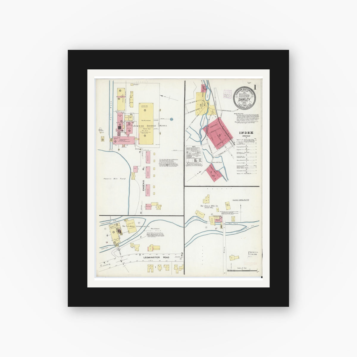 Old map wall art mockup — black gallery frame with white mat — Sanborn Fire Insurance Map from Shirley, Middlesex County, Massachusetts (1908), Sheet #0001