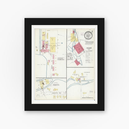 Old map wall art mockup — black gallery frame with white mat — Sanborn Fire Insurance Map from Shirley, Middlesex County, Massachusetts (1908), Sheet #0001