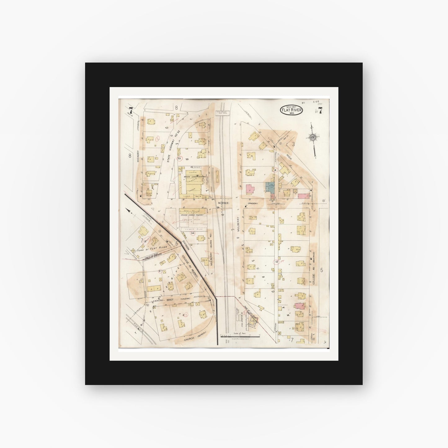 Old map wall art mockup — black gallery frame with white mat — Sanborn Fire Insurance Map from Flat River, Saint Francois County, Missouri (1938), Sheet #0007