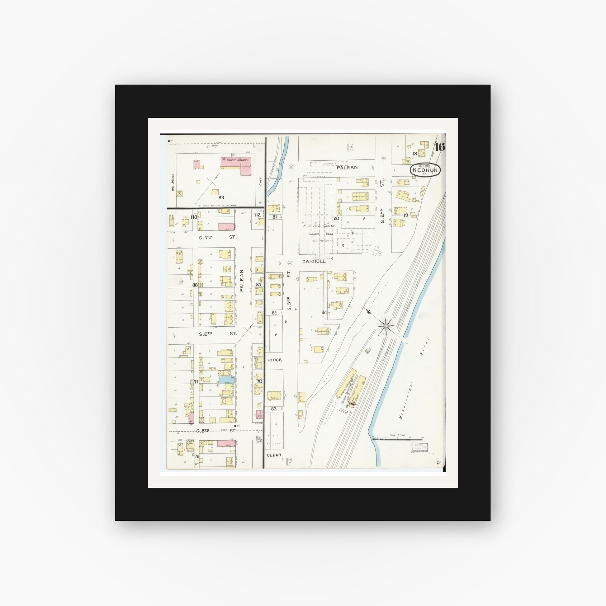 Old map wall art mockup — black gallery frame with white mat — Sanborn Fire Insurance Map from Keokuk, Lee County, Iowa (1893), Sheet #0016
