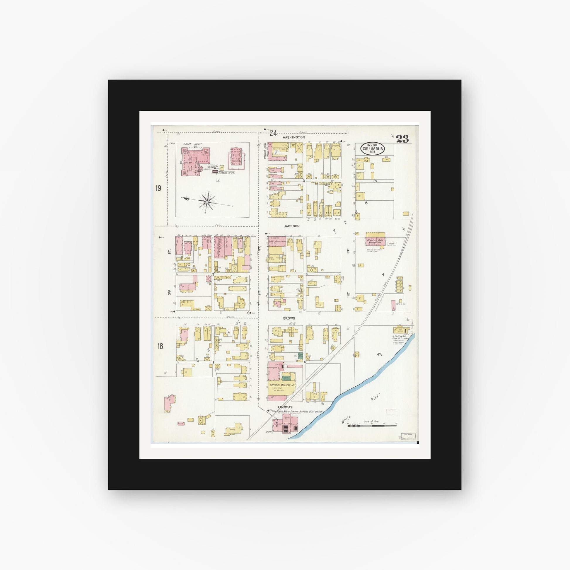 Old map wall art mockup — black gallery frame with white mat — Sanborn Fire Insurance Map from Columbus, Bartholomew County, Indiana (1906), Sheet #0023