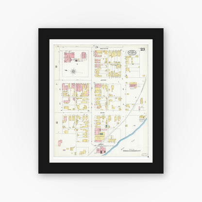 Old map wall art mockup — black gallery frame with white mat — Sanborn Fire Insurance Map from Columbus, Bartholomew County, Indiana (1906), Sheet #0023