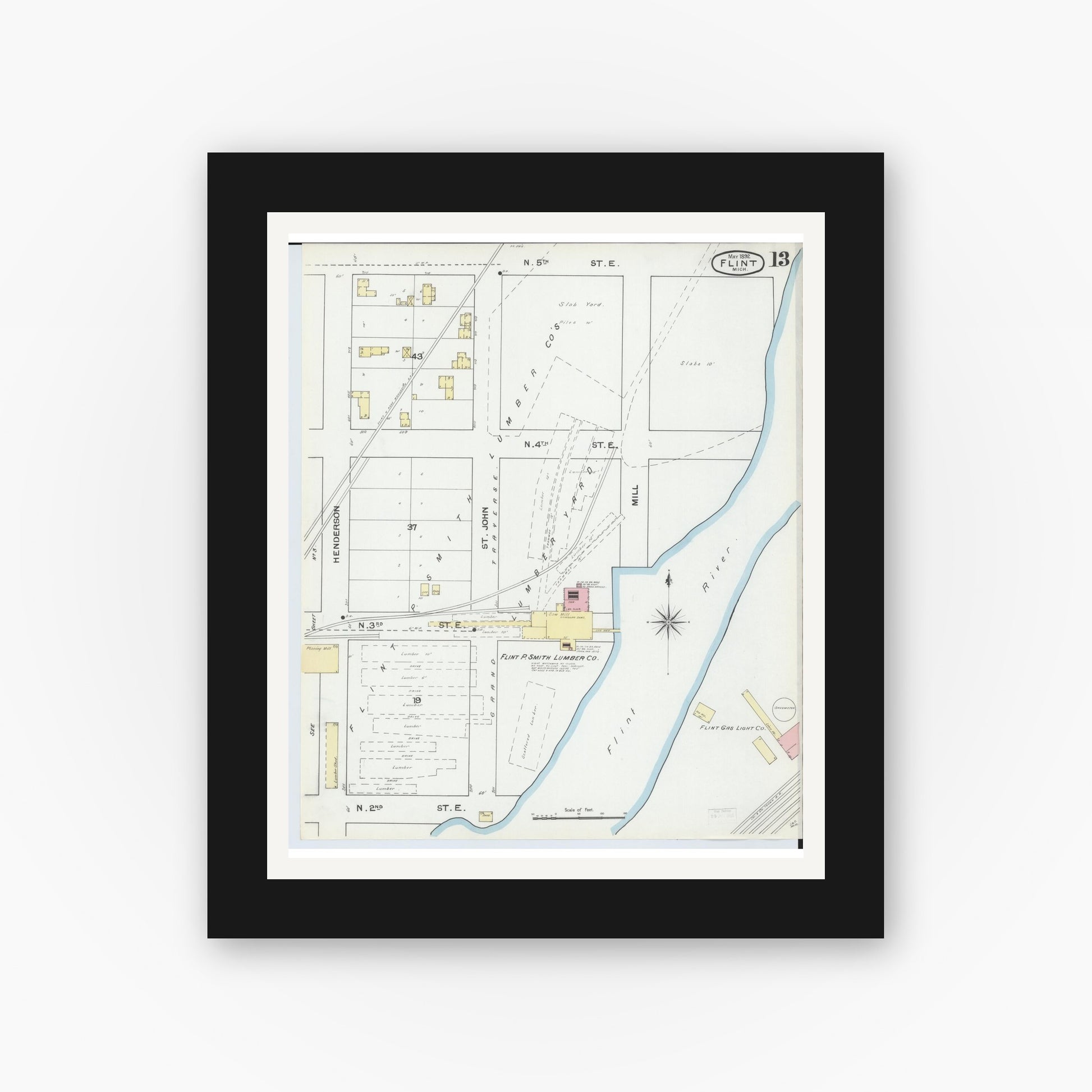 Old map wall art mockup — black gallery frame with white mat — Sanborn Fire Insurance Map from Flint, Genesee County, Michigan (1892), Sheet #0013