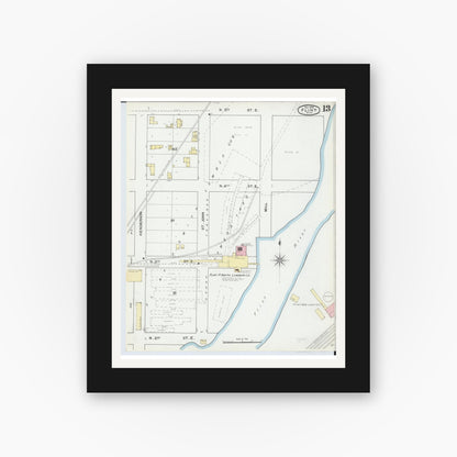 Old map wall art mockup — black gallery frame with white mat — Sanborn Fire Insurance Map from Flint, Genesee County, Michigan (1892), Sheet #0013