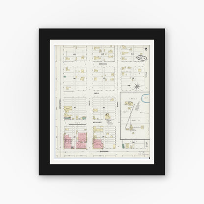 Old map wall art mockup — black gallery frame with white mat — Sanborn Fire Insurance Map from Mexia, Limestone County, Texas (1891), Sheet #0002