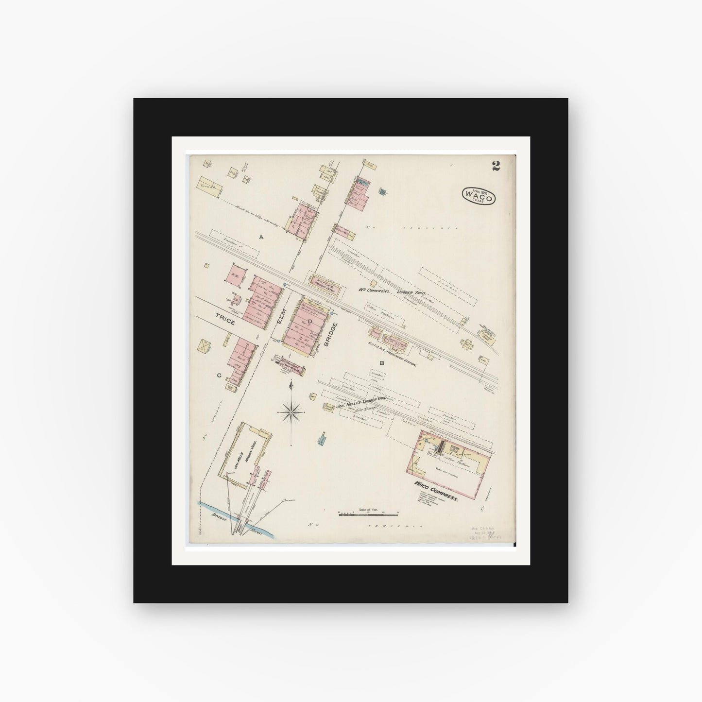 Old map wall art mockup — black gallery frame with white mat — Sanborn Fire Insurance Map from Waco, McLennan County, Texas (1885), Sheet #0002