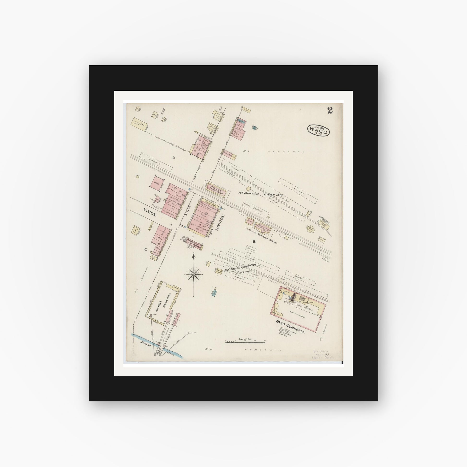 Old map wall art mockup — black gallery frame with white mat — Sanborn Fire Insurance Map from Waco, McLennan County, Texas (1885), Sheet #0002