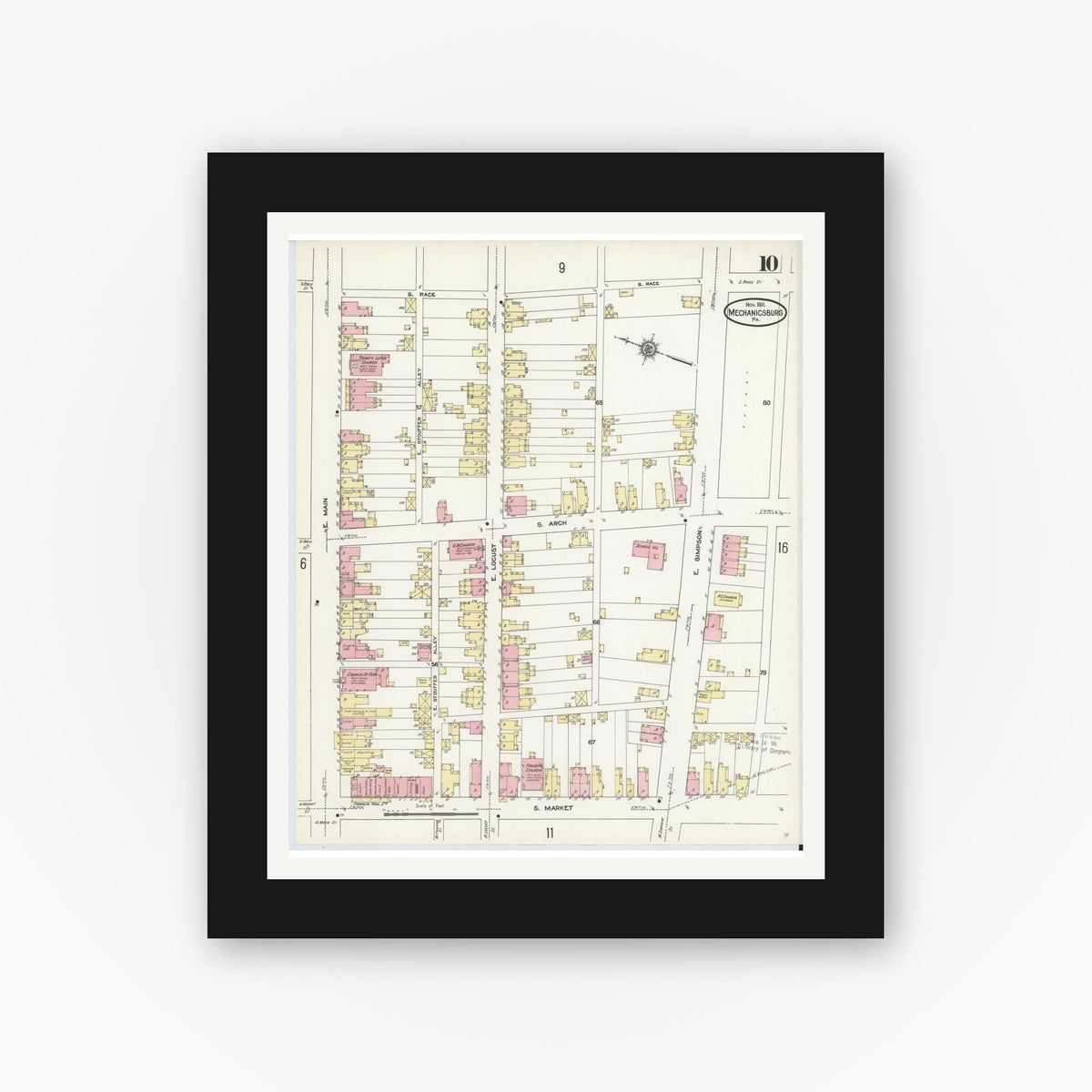 Old map wall art mockup — black gallery frame with white mat — Sanborn Fire Insurance Map from Mechanicsburg, Cumberland County, Pennsylvania (1911), Sheet #0010