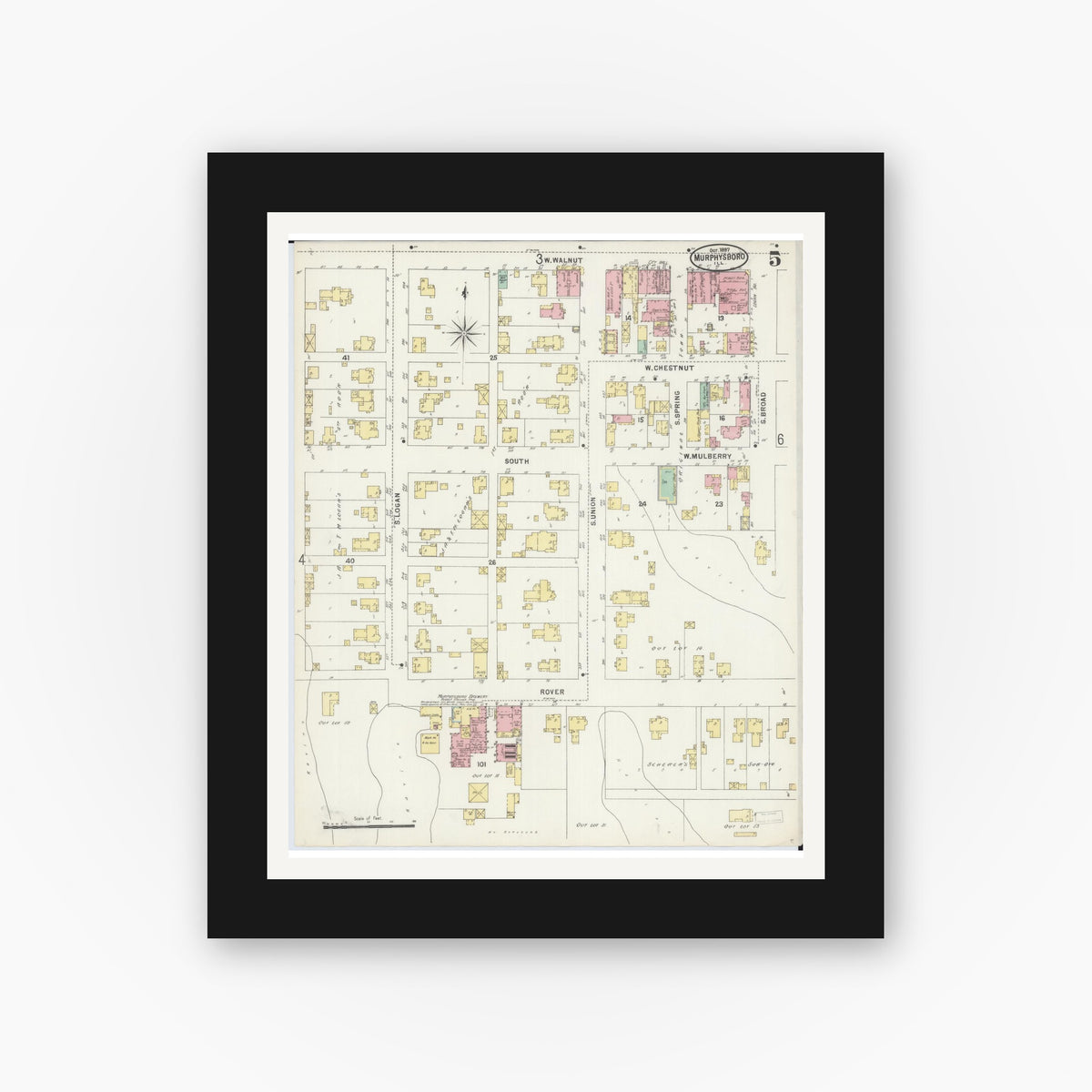 Old map wall art mockup — black gallery frame with white mat — Sanborn Fire Insurance Map from Murphysboro, Jackson County, Illinois (1897), Sheet #0005