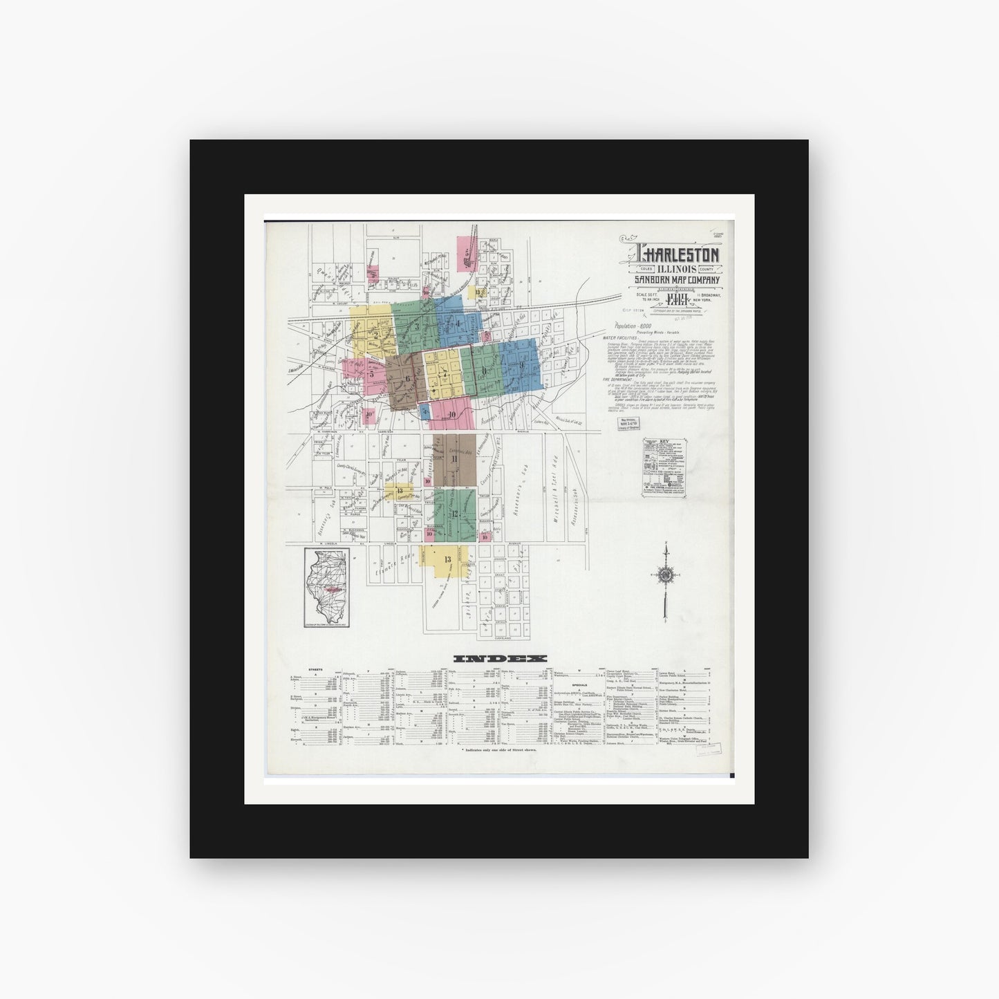 Old map wall art mockup — black gallery frame with white mat — Sanborn Fire Insurance Map from Charleston, Coles County, Illinois (1919) - Complete Map Set