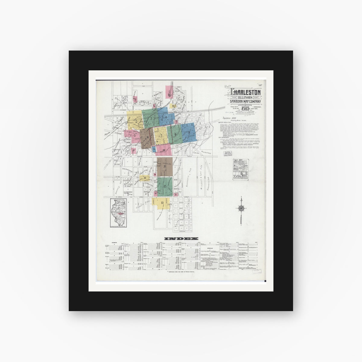 Old map wall art mockup — black gallery frame with white mat — Sanborn Fire Insurance Map from Charleston, Coles County, Illinois (1919) - Complete Map Set