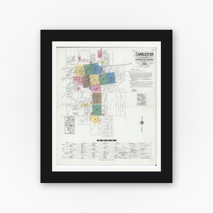 Old map wall art mockup — black gallery frame with white mat — Sanborn Fire Insurance Map from Charleston, Coles County, Illinois (1919) - Complete Map Set