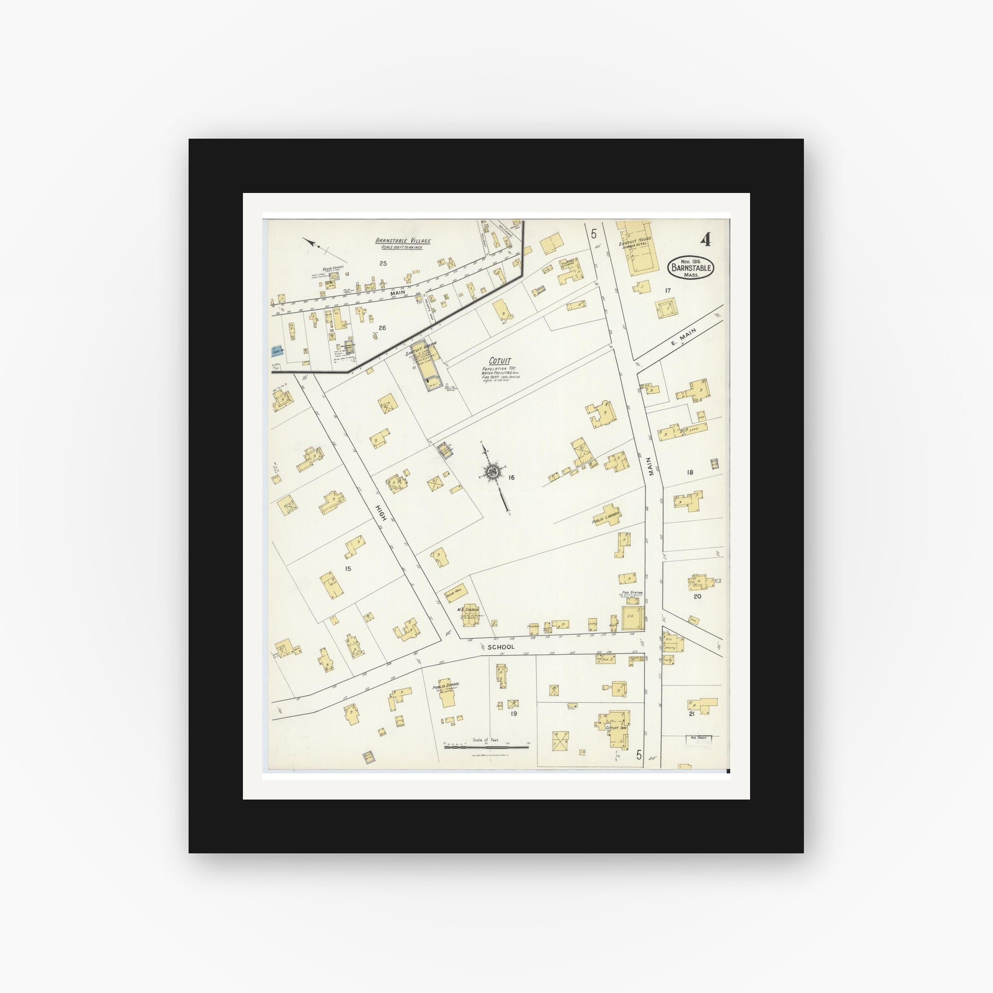 Old map wall art mockup — black gallery frame with white mat — Sanborn Fire Insurance Map from Barnstable, Barnstable County, Massachusetts (1916), Sheet #0004