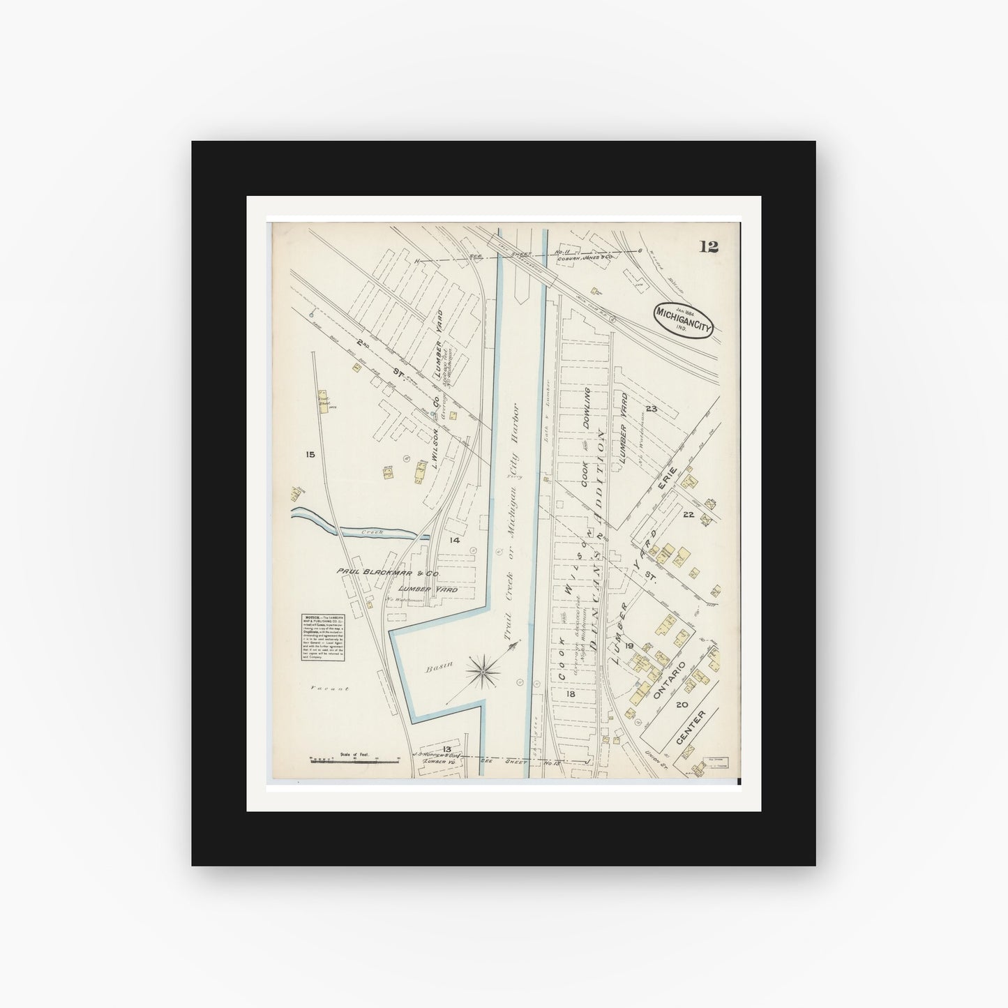 Old map wall art mockup — black gallery frame with white mat — Sanborn Fire Insurance Map from Michigan City, La Porte  County, Indiana (1884), Sheet #0012