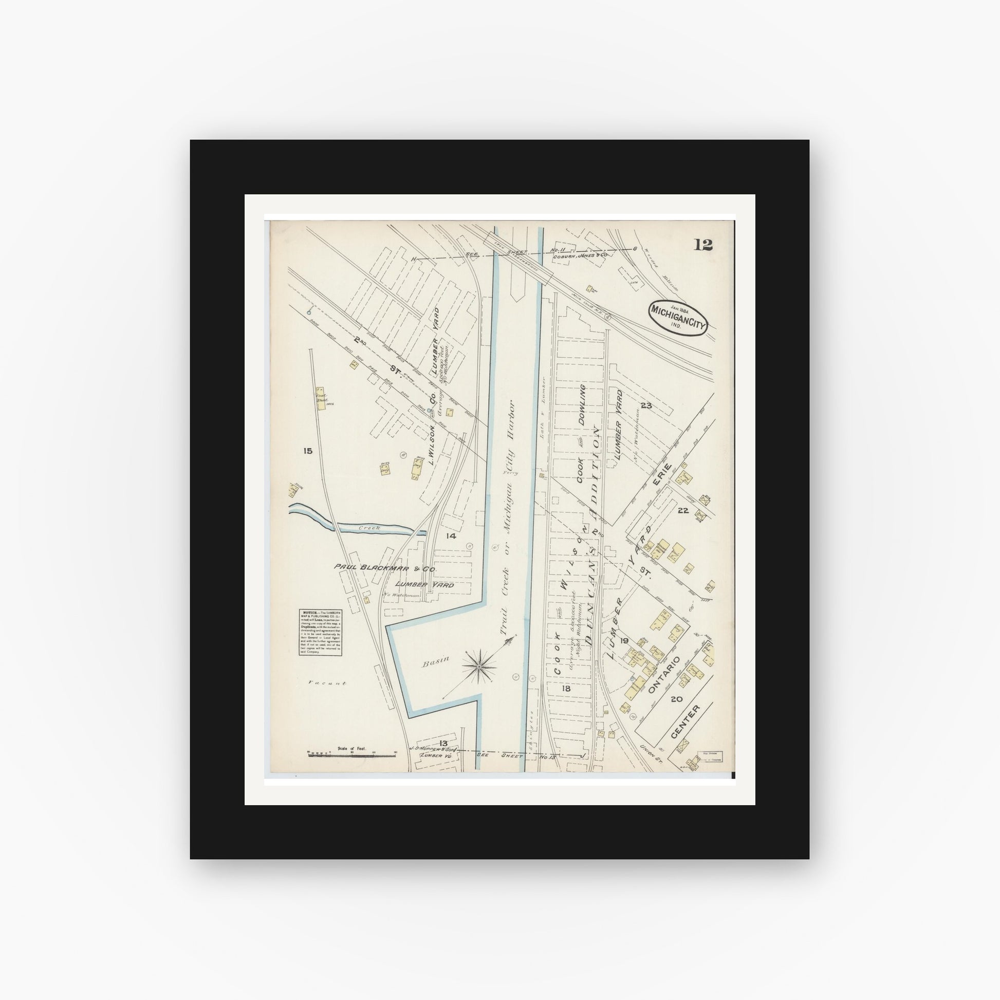 Old map wall art mockup — black gallery frame with white mat — Sanborn Fire Insurance Map from Michigan City, La Porte  County, Indiana (1884), Sheet #0012