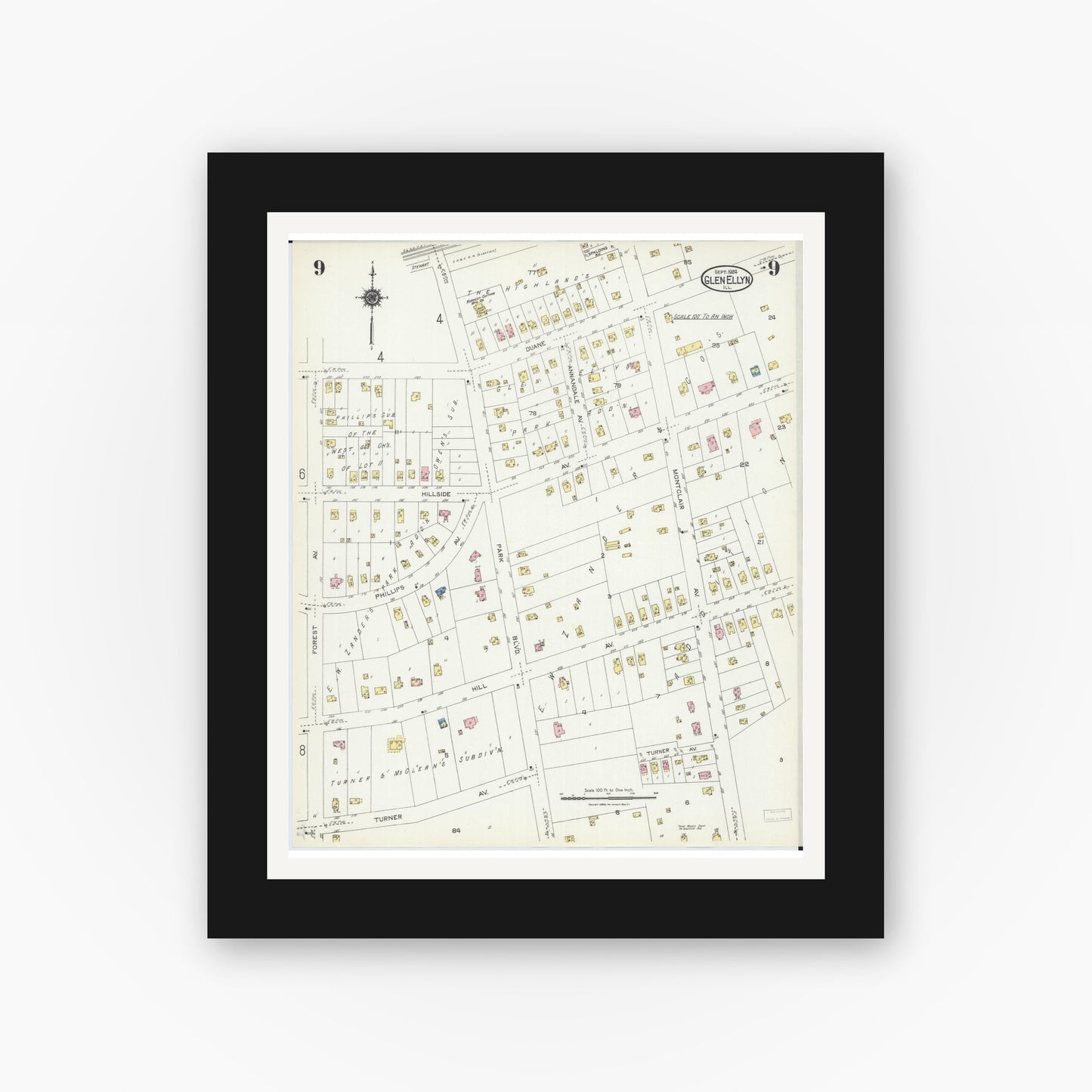Old map wall art mockup — black gallery frame with white mat — Sanborn Fire Insurance Map from Glen Ellyn, Du Page County, Illinois (1924), Sheet #0009