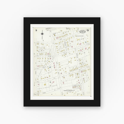 Old map wall art mockup — black gallery frame with white mat — Sanborn Fire Insurance Map from Glen Ellyn, Du Page County, Illinois (1924), Sheet #0009