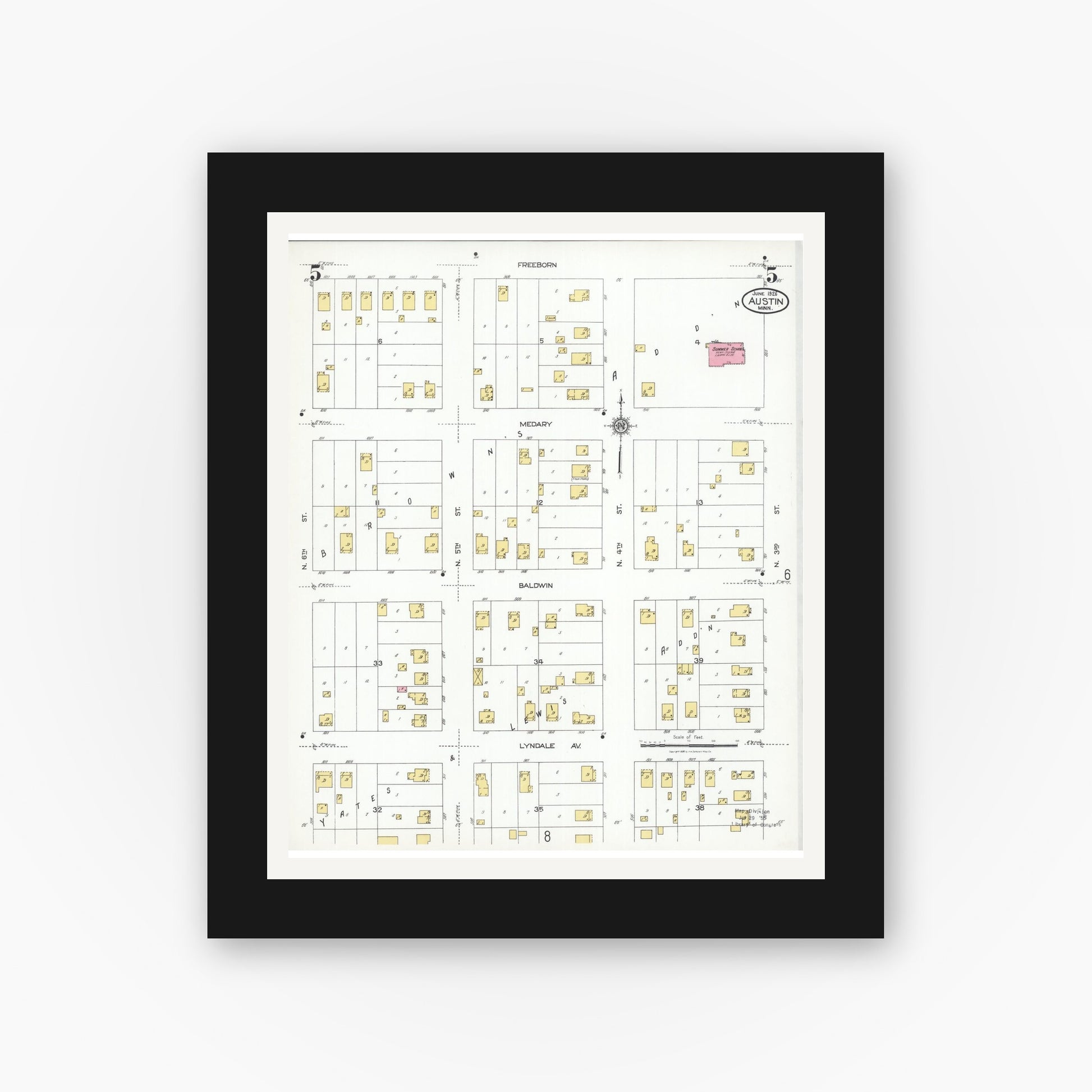 Old map wall art mockup — black gallery frame with white mat — Sanborn Fire Insurance Map from Austin, Mower County, Minnesota (1926), Sheet #0005